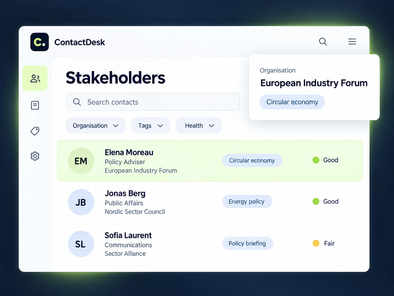 Illustrative stakeholder directory with organisation, interest tags and contact health.